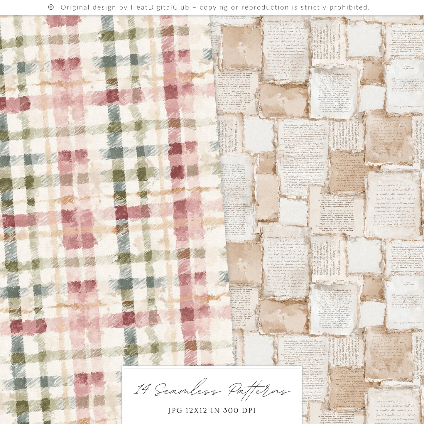 Spring Journey - Seamless Patterns, Tartan, Florals, Elegant Watercolor Pattern | 14 JPEG
