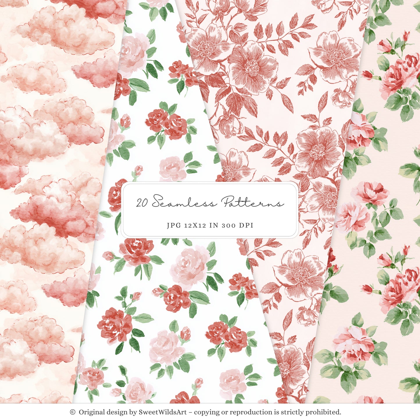 Romantic Classics - Seamless Patterns, Valentine's Day, Gingham Hearts Floral, Love | 20 JPEG