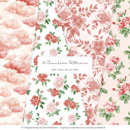 Romantic Classics - Seamless Patterns, Valentine's Day, Gingham Hearts Floral, Love | 20 JPEG