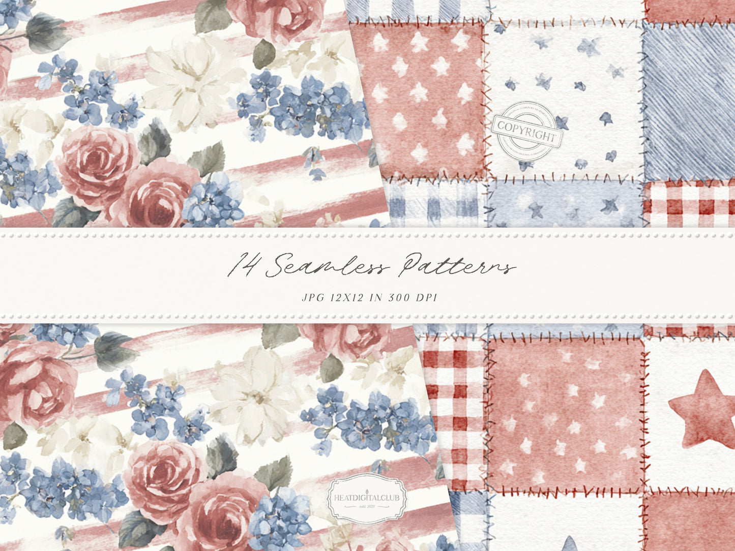 Quiet Americana - Seamless Patterns, Patriotic, 4th of July, Vintage Floral Stripe Quilt, Soft Red Blue Patterns | 14 JPEG