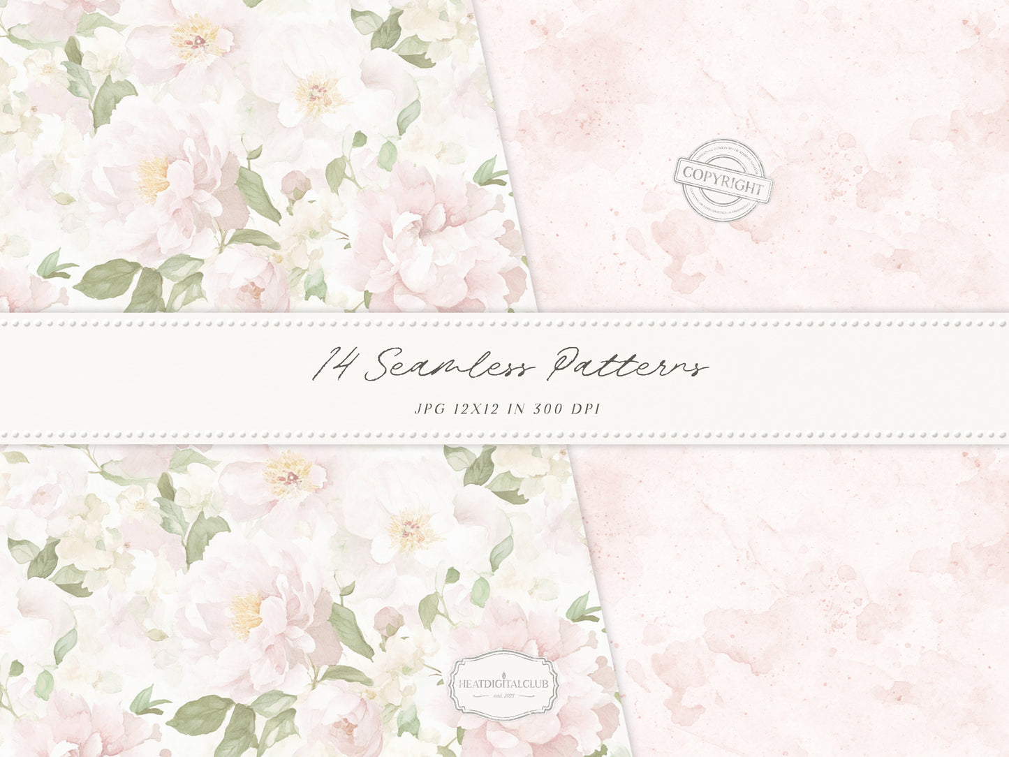 Easter Blush - Seamless Patterns, Chinoiserie Spring, Elegant Light Pink Floral | 14 JPEG