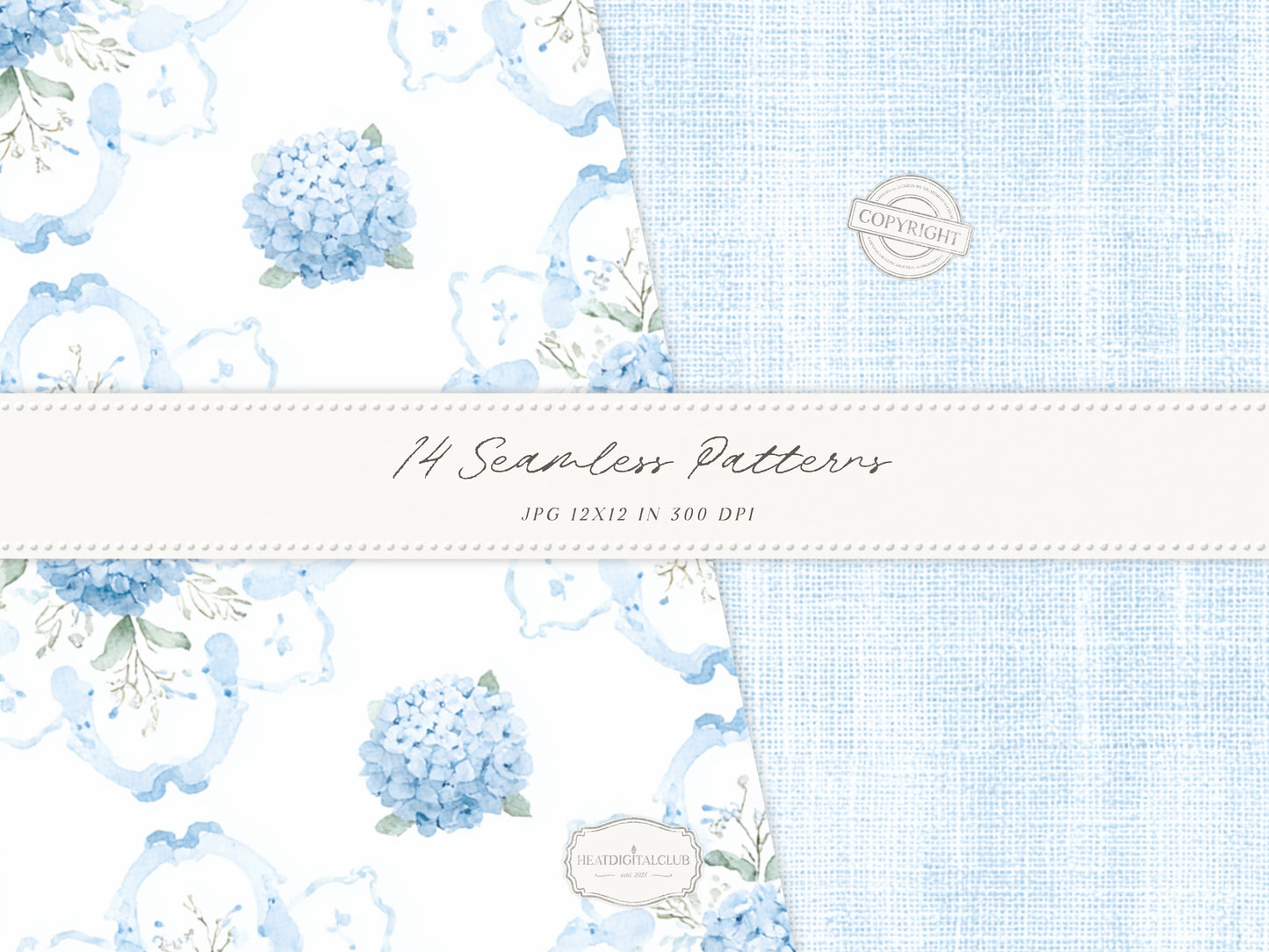 Modern Cinderella - Seamless Patterns, French Blue Floral, Hydrangea, Damask, Stripe, Gingham, Romantic | 14 JPEG