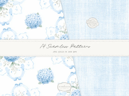 Modern Cinderella - Seamless Patterns, French Blue Floral, Hydrangea, Damask, Stripe, Gingham, Romantic | 14 JPEG