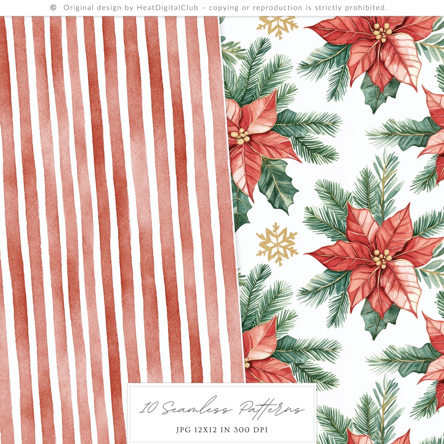 Warm Holidays - Seamless Patterns, Cozy Winter, Christmas, Poinsettia | 10 JPEG