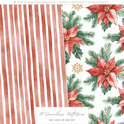 Warm Holidays - Seamless Patterns, Cozy Winter, Christmas, Poinsettia | 10 JPEG