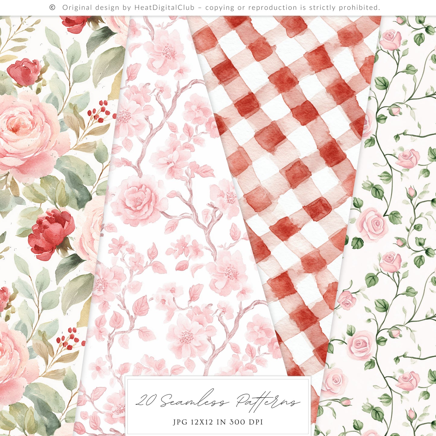 Heart to Heart - Valentine' Day Seamless Patterns, Red & Pink Romantic Love, Hearts Roses | 20 JPEG