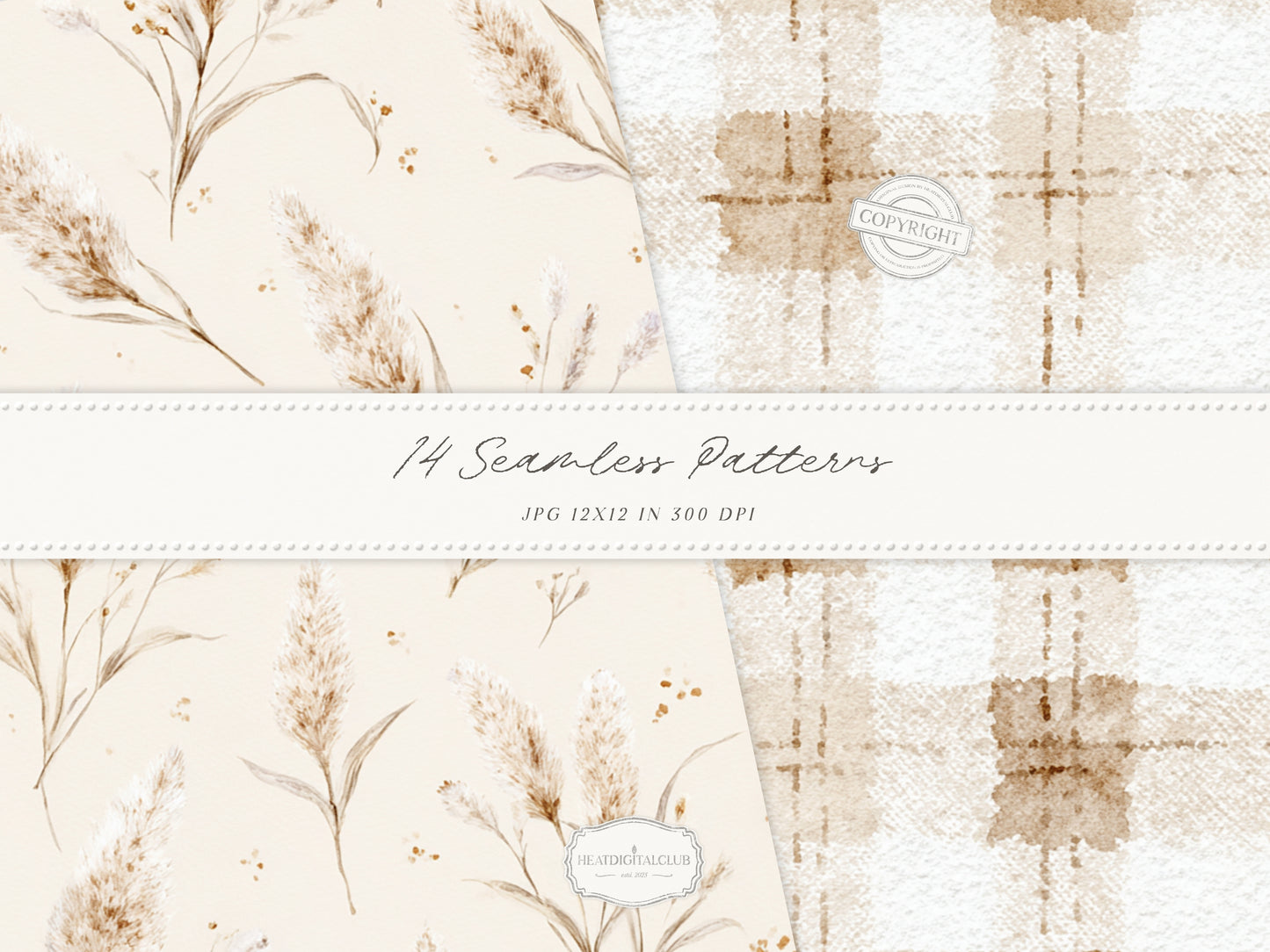 Bohemian Fall - Seamless Patterns, Boho Autumn, Cream Brown Floral Patterns, Pumpkins, Plaid | 14 JPEG