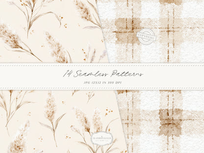 Bohemian Fall - Seamless Patterns, Boho Autumn, Cream Brown Floral Patterns, Pumpkins, Plaid | 14 JPEG