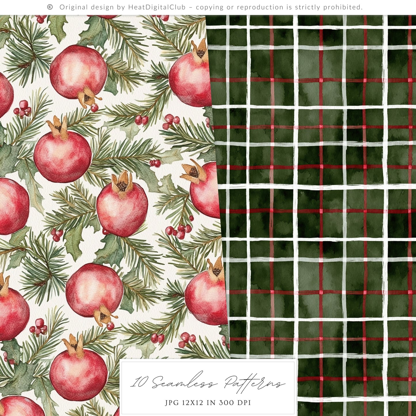 Winter Pomegranate - Seamless Patterns, Holiday Christmas, Fruit, Rustic | 10 JPEG