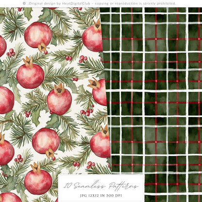 Winter Pomegranate - Seamless Patterns, Holiday Christmas, Fruit, Rustic | 10 JPEG