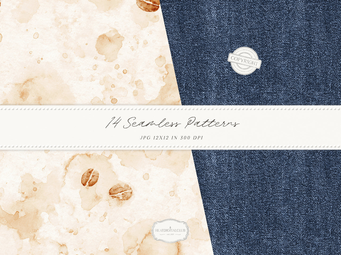 Coffee & Denim - Seamless Patterns, Textile Prints, Coffee Bean Patterns, Blue Brown Denim Fabric | 14 JPEG