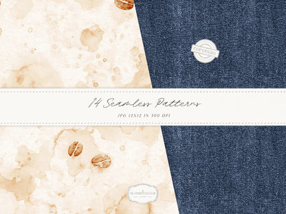 Coffee & Denim - Seamless Patterns, Textile Prints, Coffee Bean Patterns, Blue Brown Denim Fabric | 14 JPEG