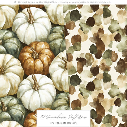 Autumn Gallery - Seamless Patterns, Fall, Pumpkin Botanical | 10 JPEG