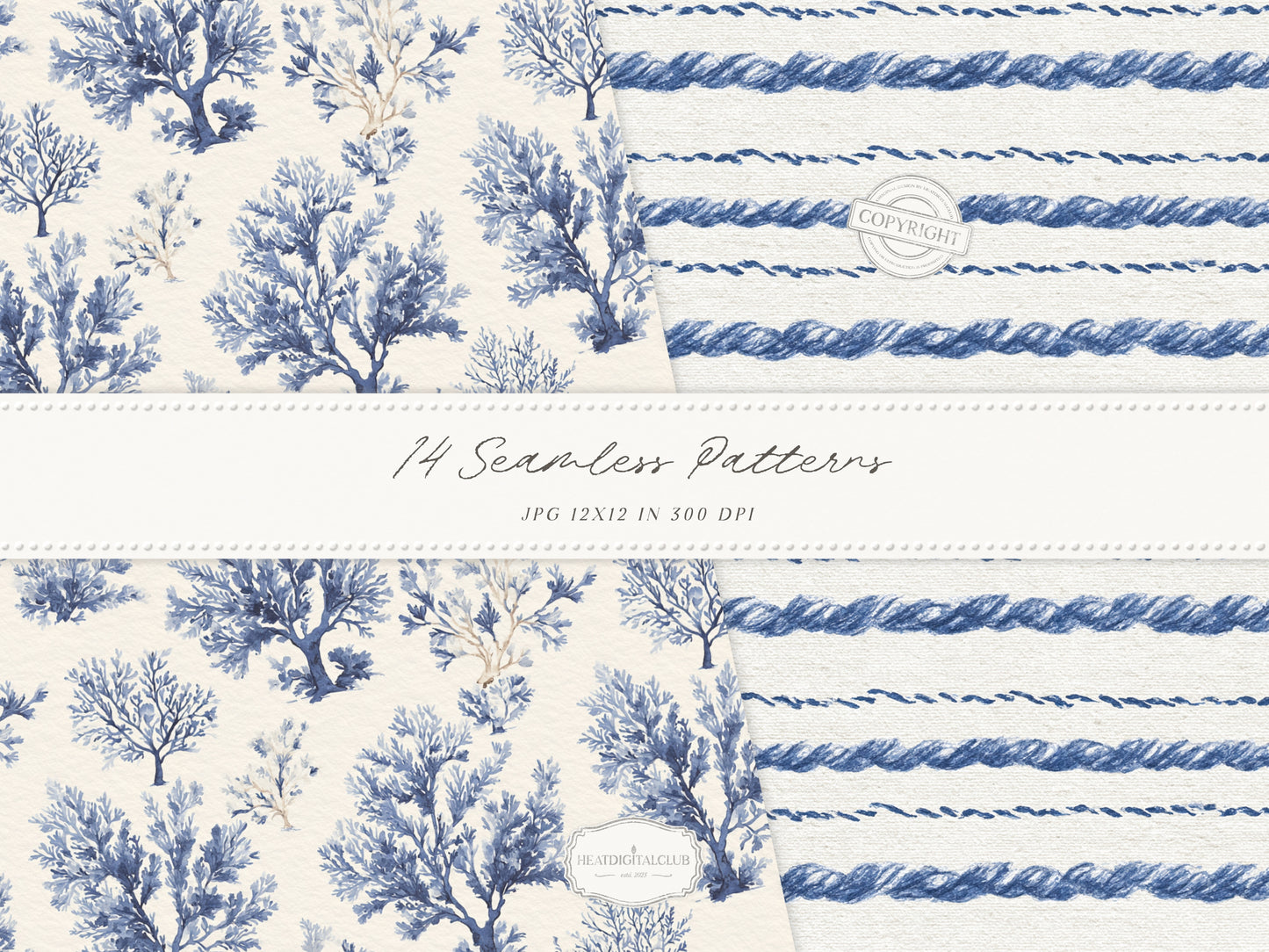 Cold Shore - Navy Seamless Patterns, Blue Stripe Coastal Design, Nautical Shell & Wave | 14 JPEG