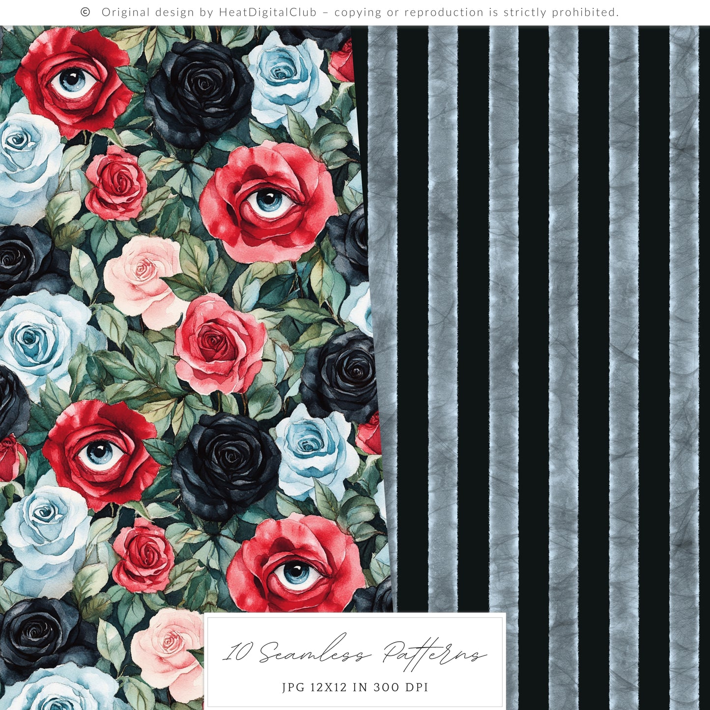 Haunted Alice - Seamless Patterns, Gothic Wonderland Halloween, Roses, Skulls | 10 JPEG