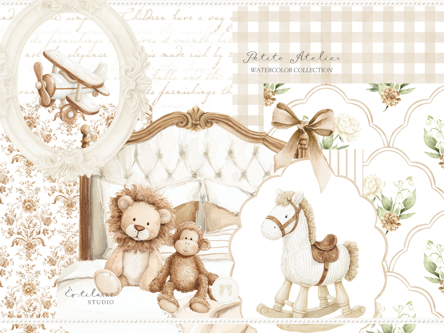 Petite Atelier - Clipart, Heirloom Baby Toys, Vintage Nursery, Neutral Baby Shower, Plush Toys | 105 PNG/JPEG