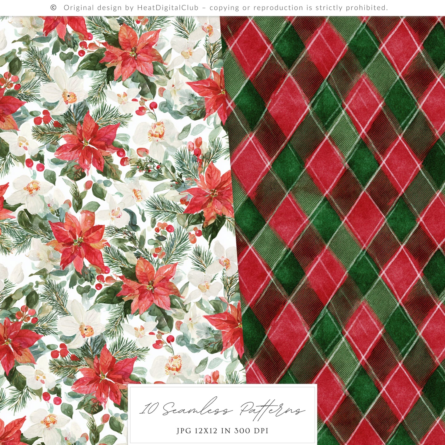 Chinoiserie Holidays - Seamless Patterns, Christmas, Tartan & Floral, Grandmillennial | 10 JPEG