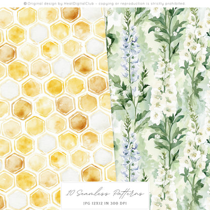 Honey Garden - Seamless Patterns, Bee, Yellow Floral, Honeycomb | 10 JPEG