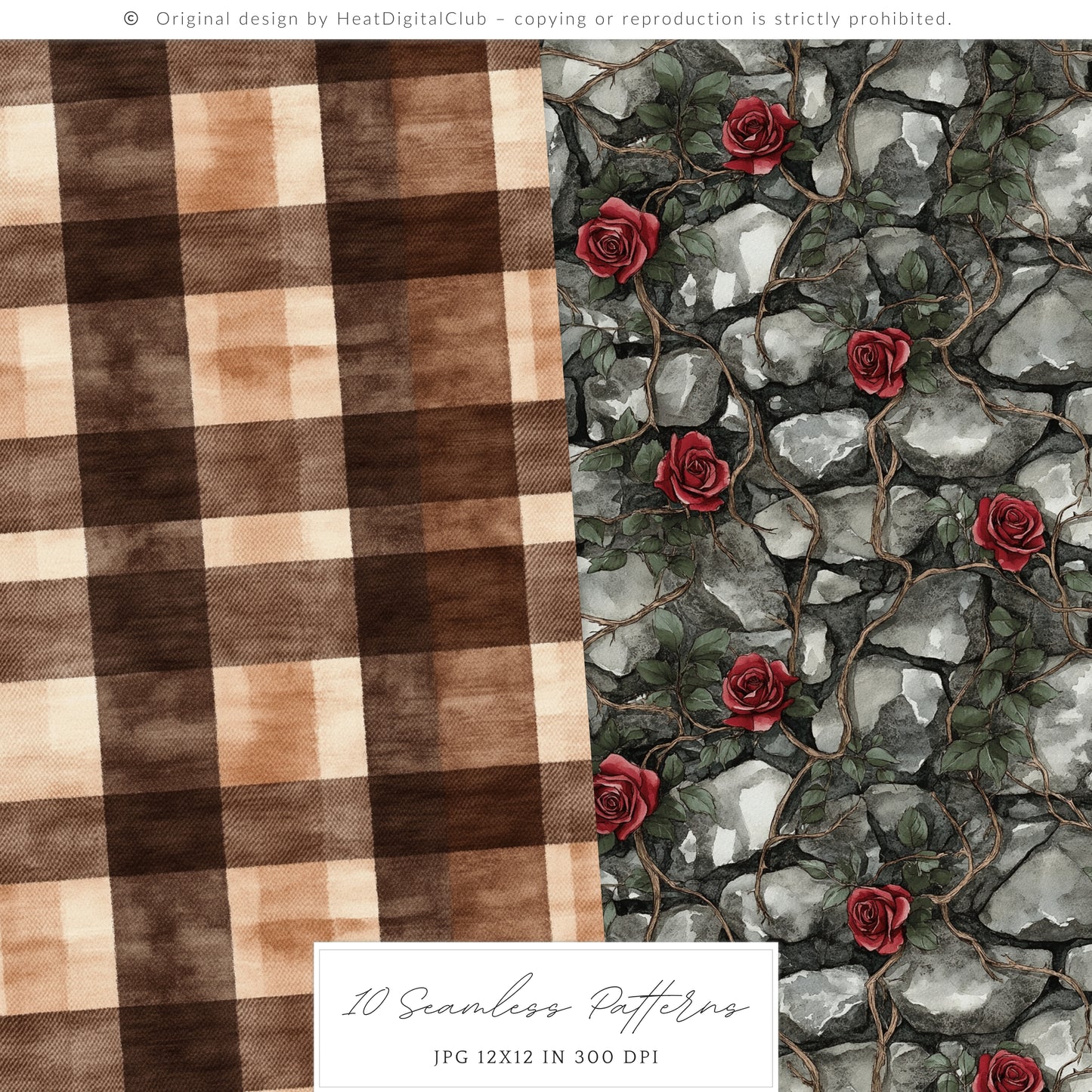 Medievalcore - Gothic Patterns, Red Roses Plaid Chains | 10 JPEG