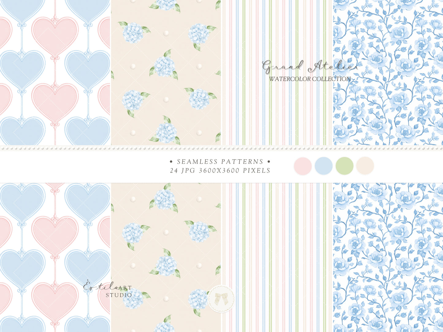 Grand Atelier - Seamless Patterns, Grandmillennial, Pastel Stripes, Gingham Check, Nursery, Vintage Baby | 24 JPEG