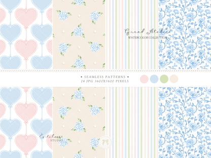 Grand Atelier - Seamless Patterns, Grandmillennial, Pastel Stripes, Gingham Check, Nursery, Vintage Baby | 24 JPEG