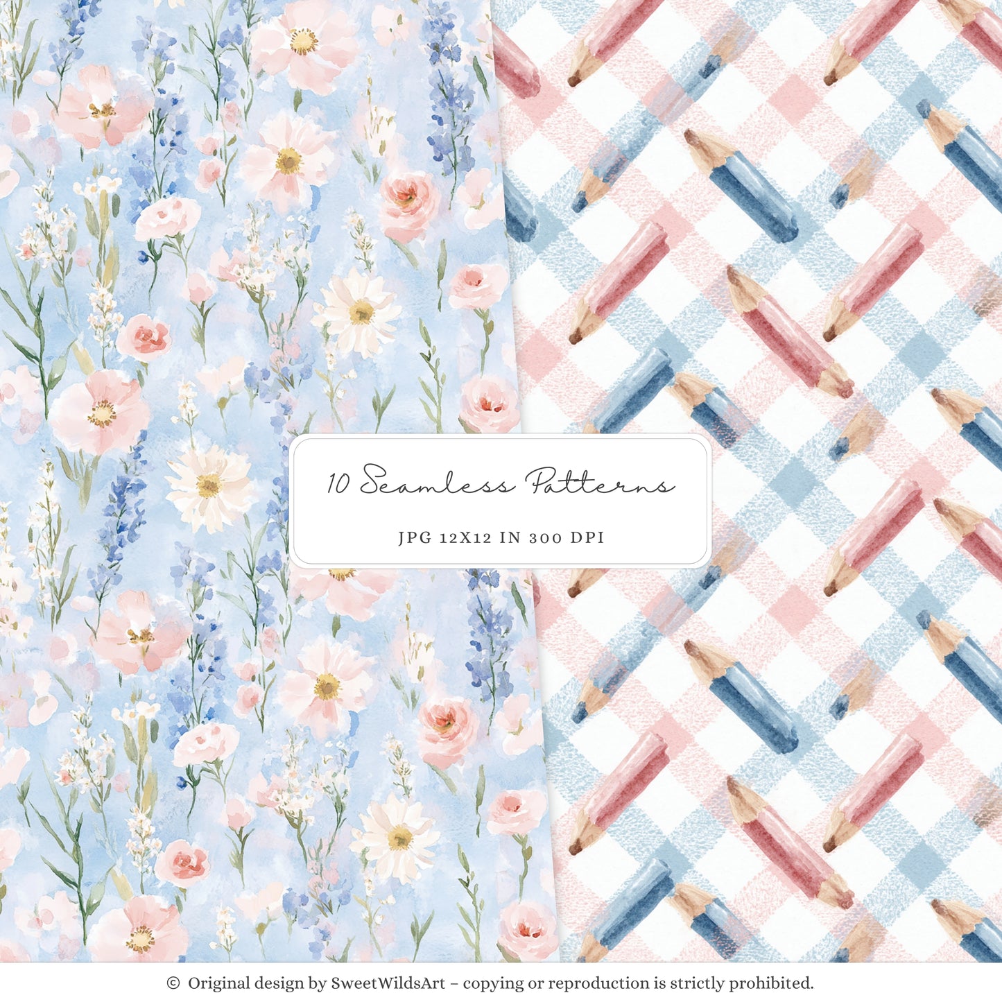 School Sweethearts - Back to School Seamless Patterns, Grandmillennial, Florals | 10 JPEG