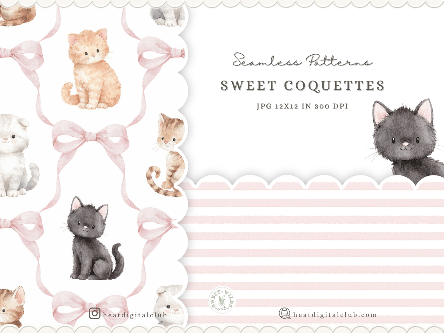 Sweet Coquettes - Seamless Patterns, Pink Digital Paper, Gingham Stripes Floral Patterns, Baby Girl | 10 JPEG