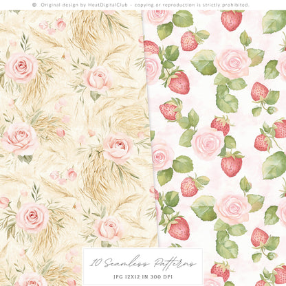Lovely Farm - Seamless Patterns, Pink Gingham Strawberry, Pastel Country | 10 JPEG