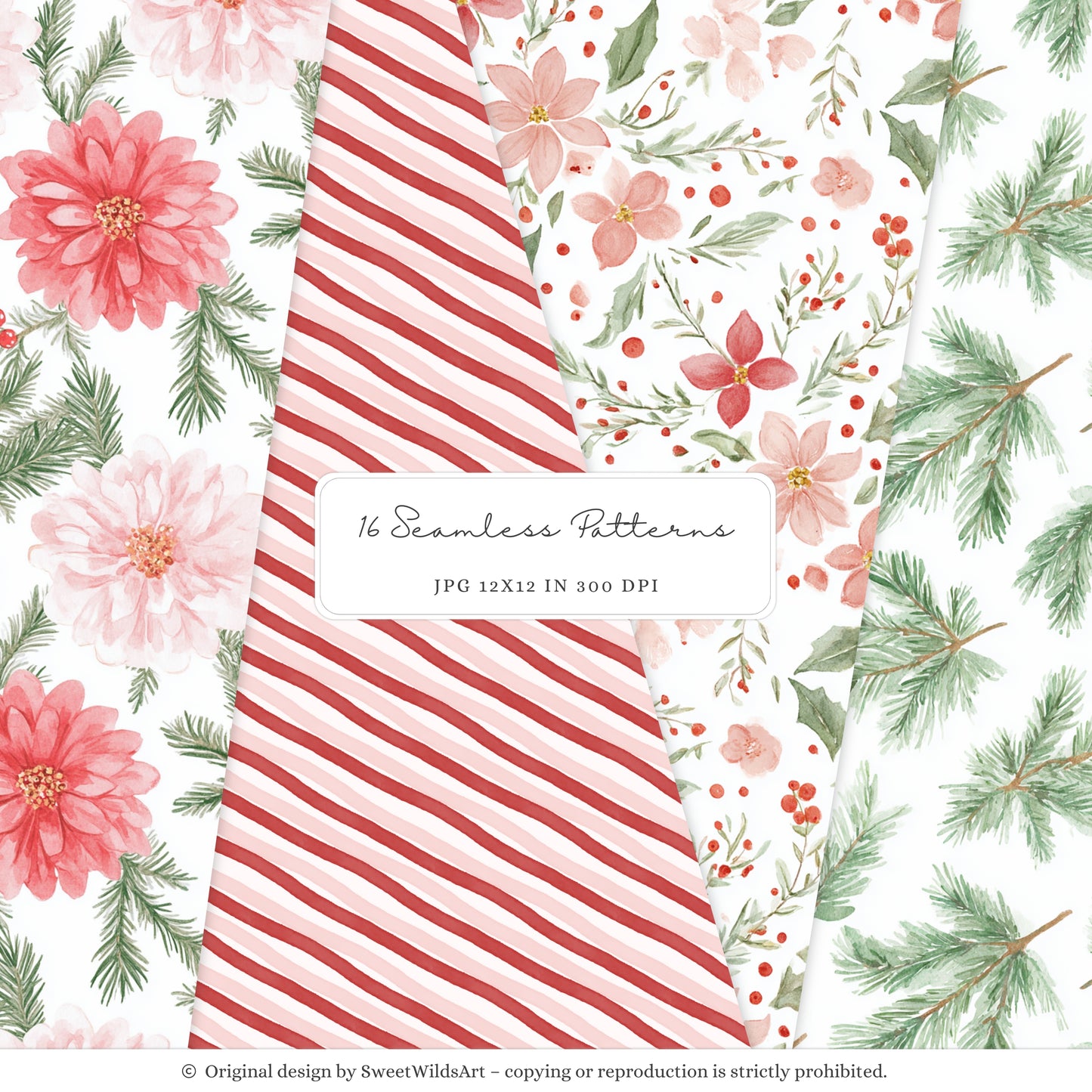 Holly Jolly - Christmas Seamless Patterns, Pink & Red Stripes, Holiday ,Winter | 16 JPEG