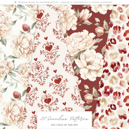 Cherry in Love - Valentine' Day Seamless Patterns, Romantic Love, Hearts Floral, Gingham | 20 JPEG