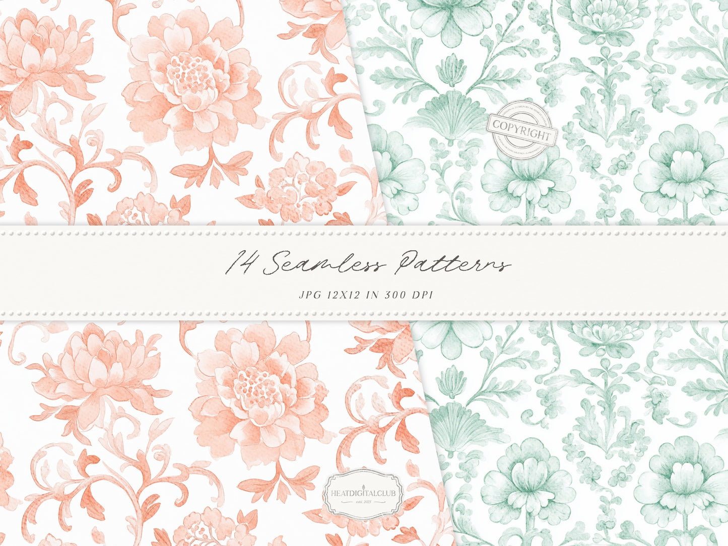 Grapefruit Breeze - Summer Seamless Patterns, Beach, Citrus, Mint Green Pattern, Coastal | 14 JPEG