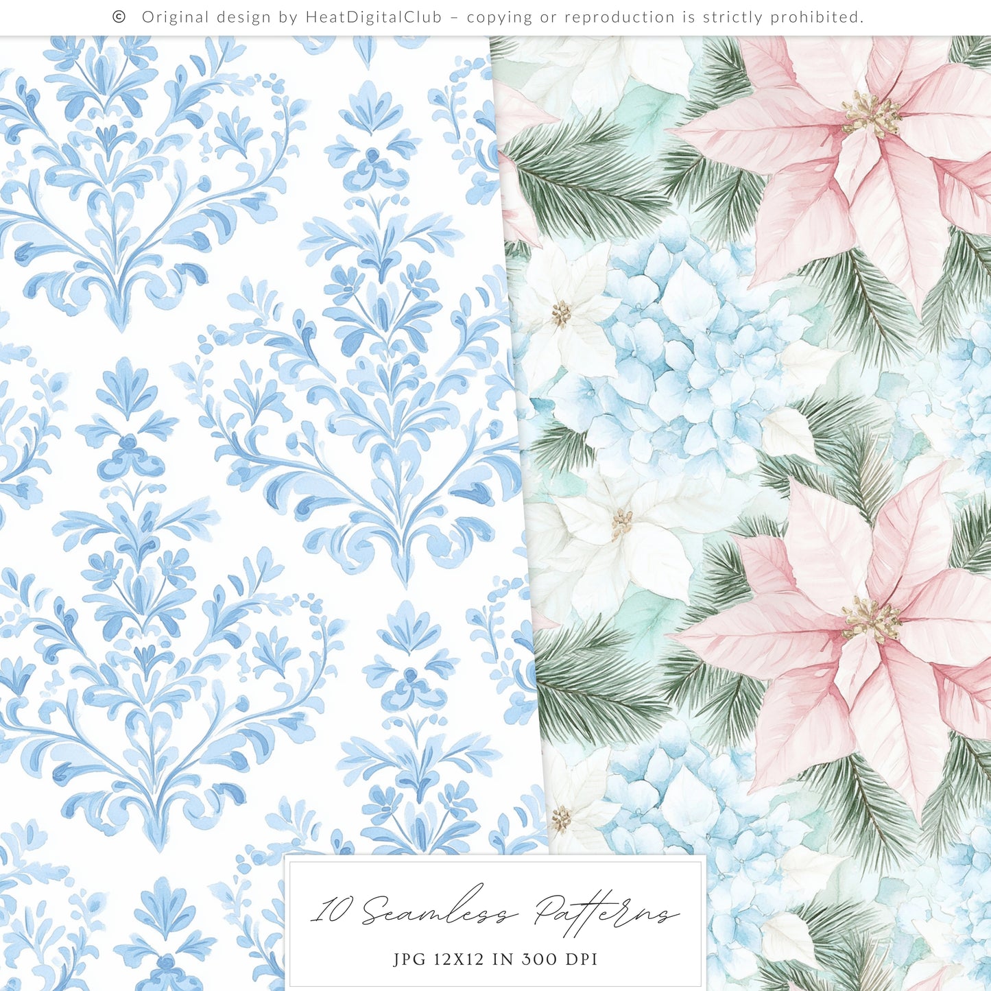 Pastel Noël - Seamless Christmas Patterns, Grandmillennial, Pink Blue Chinoiserie | 10 JPEG