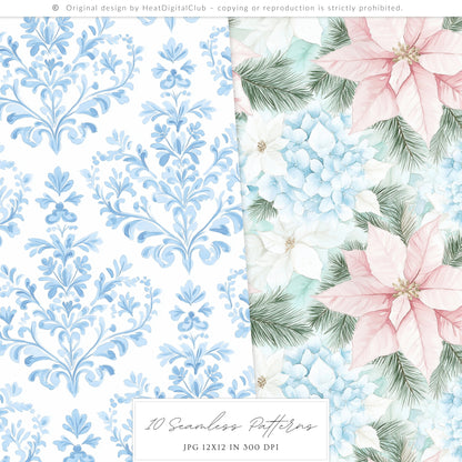Pastel Noël - Seamless Christmas Patterns, Grandmillennial, Pink Blue Chinoiserie | 10 JPEG