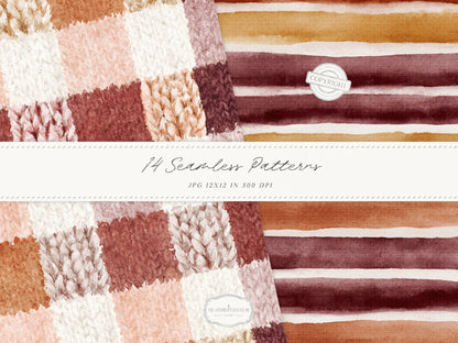 Knitted Fall - Seamless Patterns, Autumn Gingham Paper, Cozy Knit Pattern, Pumpkin Paper, Fall Scrapbook | 14 JPEG