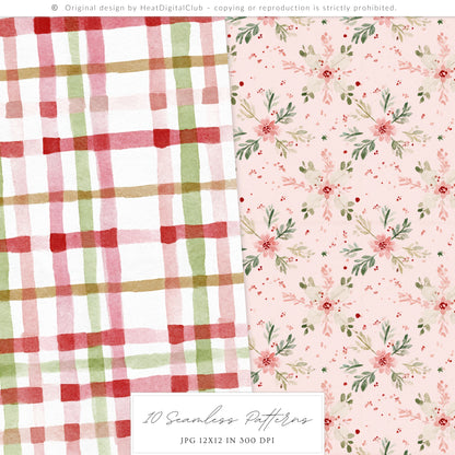 Holiday Embrace - Watercolor Seamless Patterns, Cozy Elegant Winter Christmas | 10 JPEG