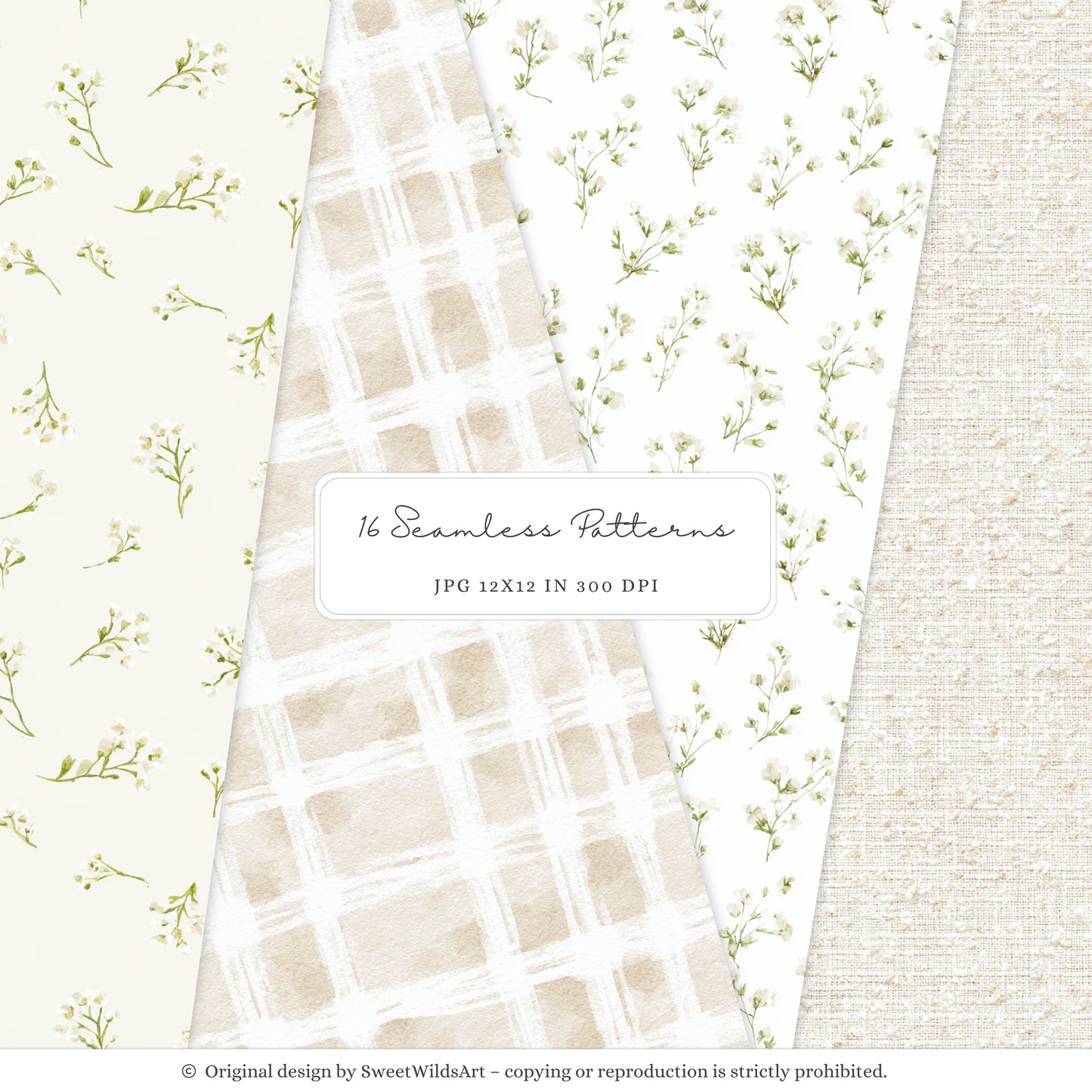 Gentle Meadow - Seamless Patterns, Spring Floral, Neutral Gingham Pattern, Pastel Papers, Nursery | 16 JPEG