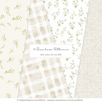 Gentle Meadow - Seamless Patterns, Spring Floral, Neutral Gingham Pattern, Pastel Papers, Nursery | 16 JPEG