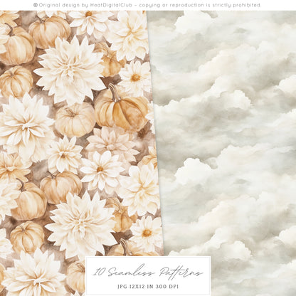 September End - Seamless Patterns, Autumn, Fall, Pumpkin, Knitted | 10 JPEG