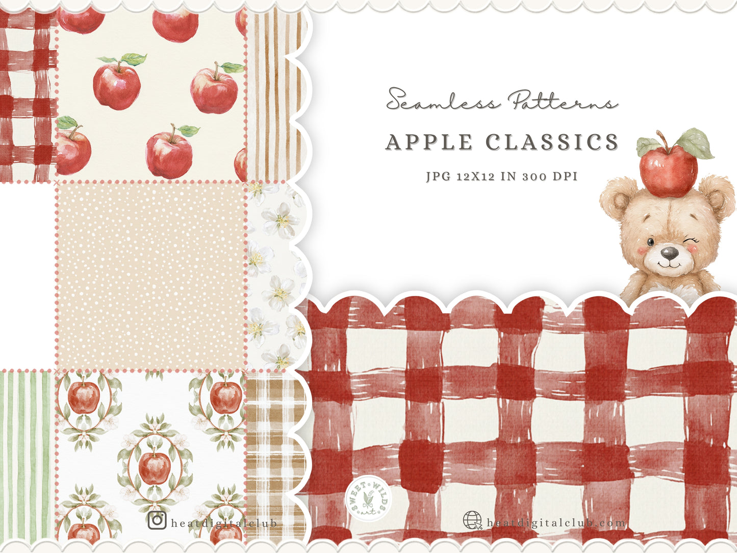Apple Classics - Seamless Patterns, Apple Orchard Digital Paper, Gingham Pattern, Nursery Scrapbook Paper | 10 JPEG