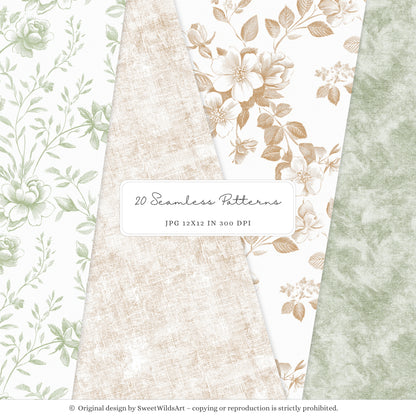 Cottage Classics - Seamless Patterns, French Countryside Elegant Gingham Floral, Rustic |