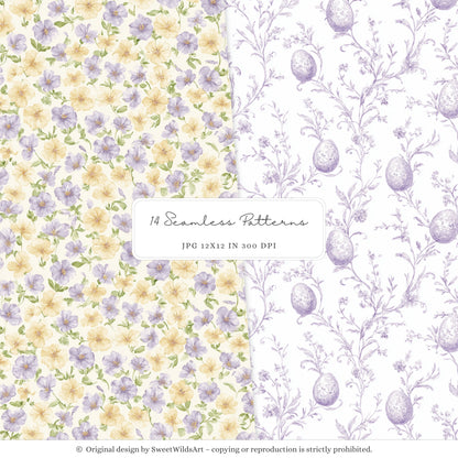 Sweet Easter - Seamless Patterns, Light Purple & Yellow Gingham, Stripes, Pastel Spring | 14 JPEG