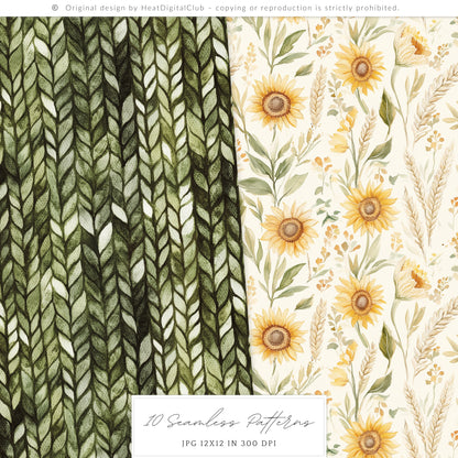 Grateful Feast - Seamless Pattern, Fall, Thanksgiving Pumpkin, Autumn Sunflower | 10 JPEG