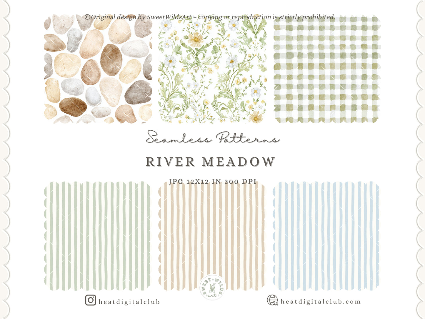 River Meadow - Seamless Patterns, Gingham, Stripes, Floral Pattern, Cottage, Summer Spring | 20 JPEG