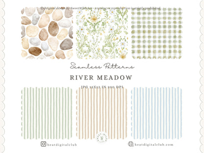 River Meadow - Seamless Patterns, Gingham, Stripes, Floral Pattern, Cottage, Summer Spring | 20 JPEG