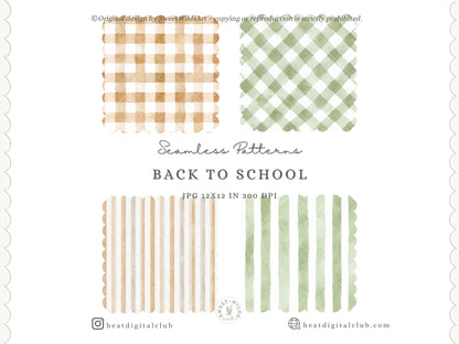Back To School - Watercolor Seamless Patterns, Neutral School Supplies Digital Paper | 14 JPEG