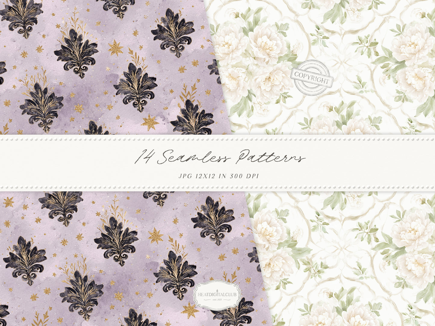Day & Midnight - Seamless Patterns, Romantic Ivory Dark Floral Patterns, Velvet, Lace, Stars and Peony | 14 JPEG