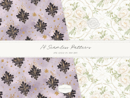 Day & Midnight - Seamless Patterns, Romantic Ivory Dark Floral Patterns, Velvet, Lace, Stars and Peony | 14 JPEG