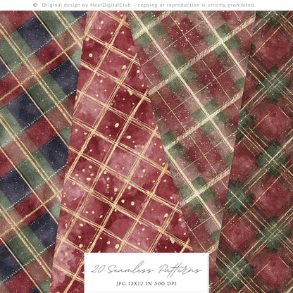 Velvet Noël - Christmas Seamless Patterns, Tartan Holiday Patterns, Elegant Winter | 20 JPEG