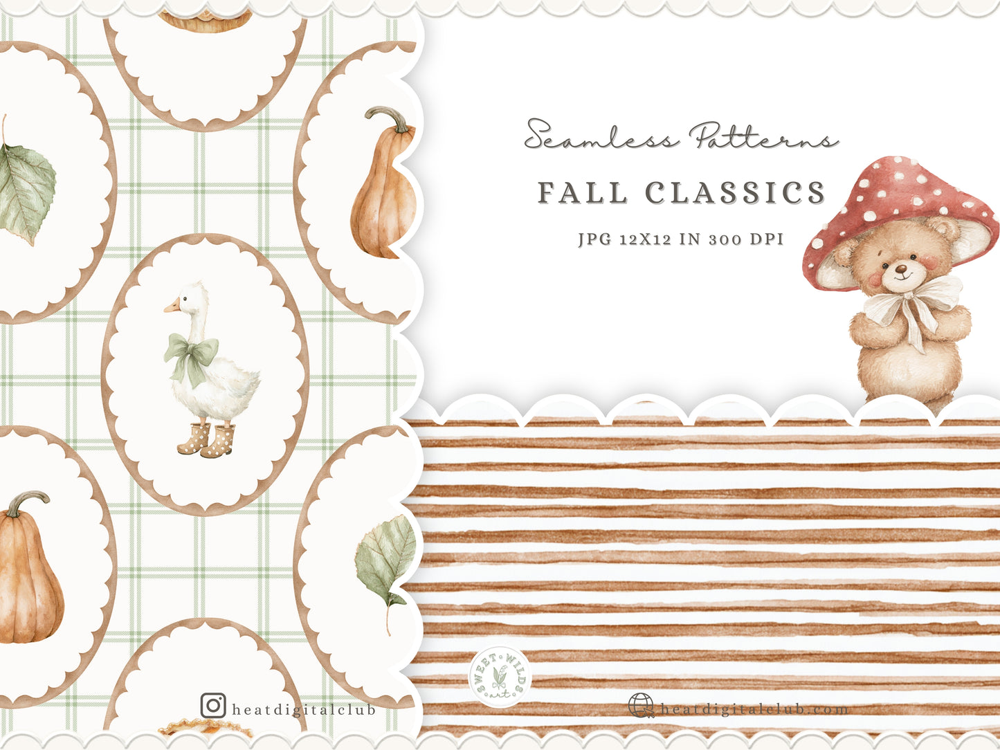 Fall Classics - Seamless Patterns, Gingham, Mushrooms, Pumpkins, Goose, Leaves, Rustic Nursery | 10 JPEG