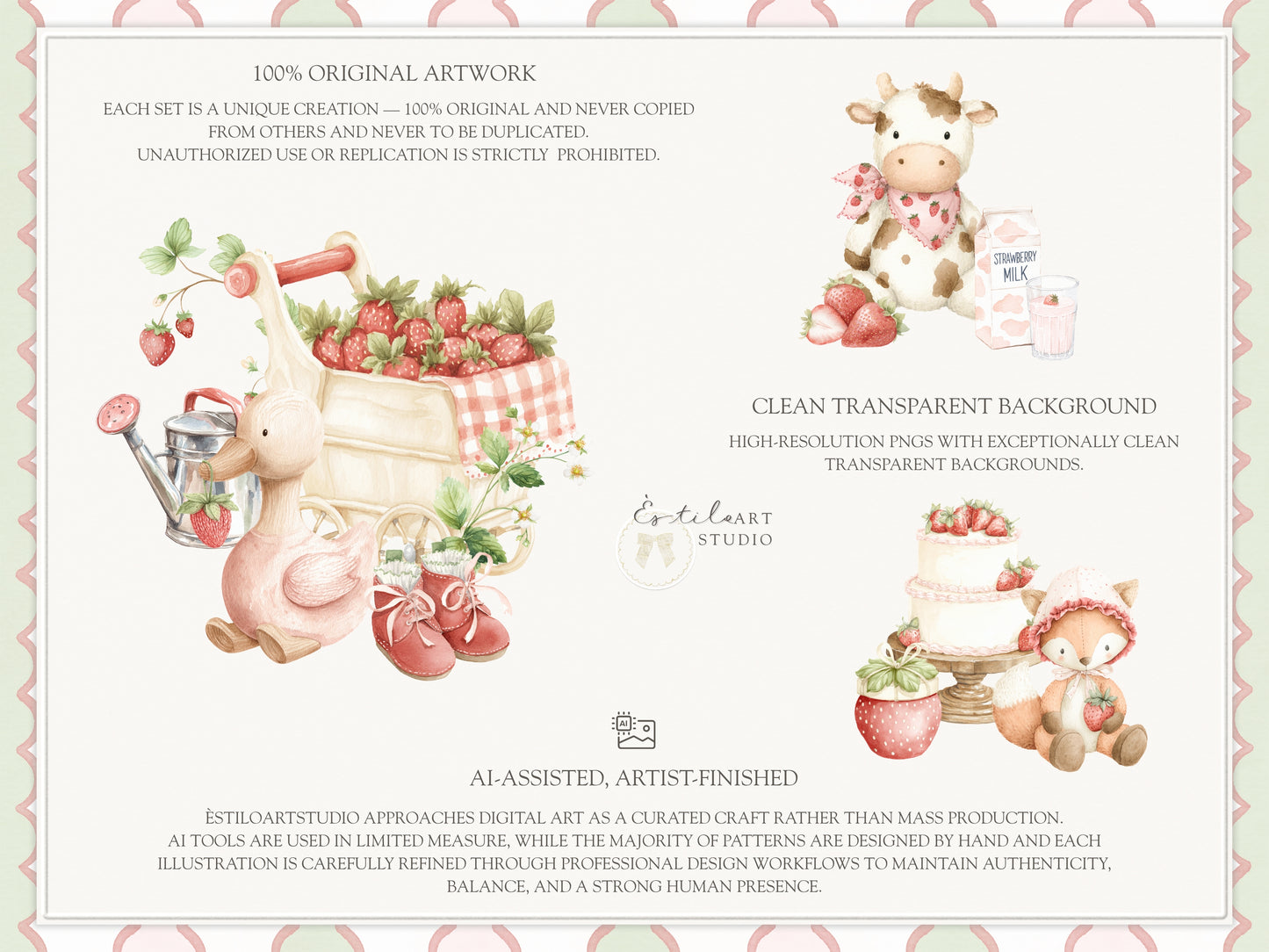 Strawberry Atelier - Bundle Clipart, Cottagecore Nursery, Baby Girl Birthday, Heirloom Toys, Spring | 119 PNG/JPEG